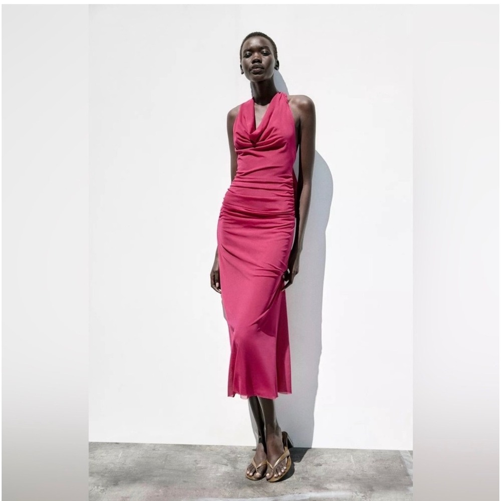 Zara Womens Fuchsia Ruched Mesh Cowl Neck Open Back Midi Dress 5039/369 Size M